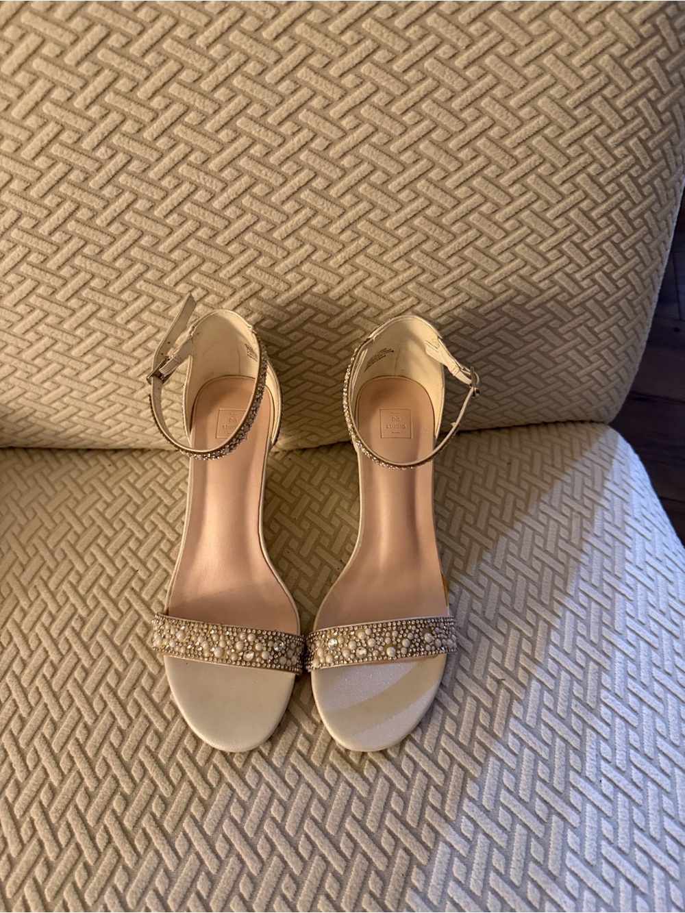 Pearl & Crystal Ankle-Strap Heels in Ivory